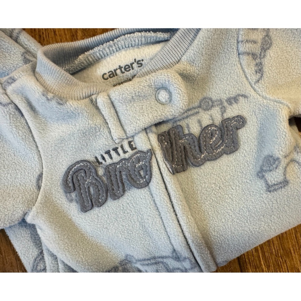 Carter's Baby Boy Preemie Sleeper Outfit 2 Way Zipper Little Brother Blue Trucks